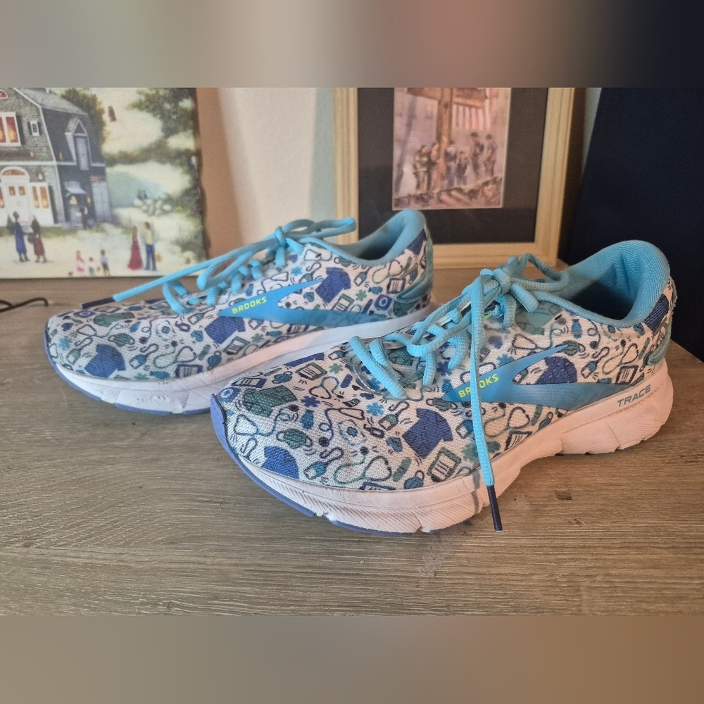 Brooks Aqua and Navy Patterned Sneakers, (See Photos To Small Damages)